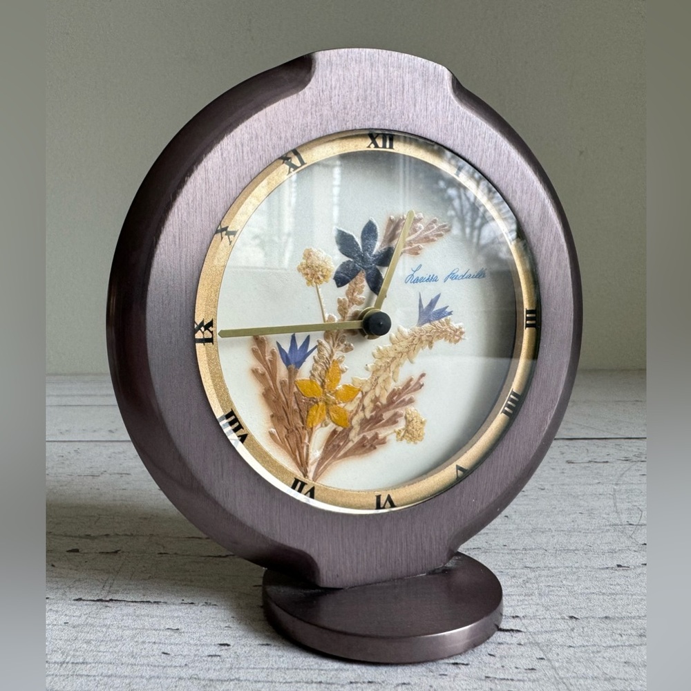 Hechinger Desk Clock | Pewter Metal with Pressed Flowers Face